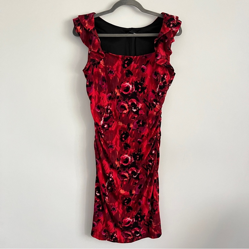 Vintage 90s Saint Tropez West Floral Ruffle Ruched Bodycon Red Dress Size 10